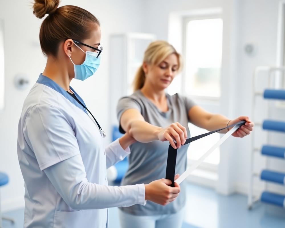 Fysioterapeut vejleder patient i øvelse med elastik